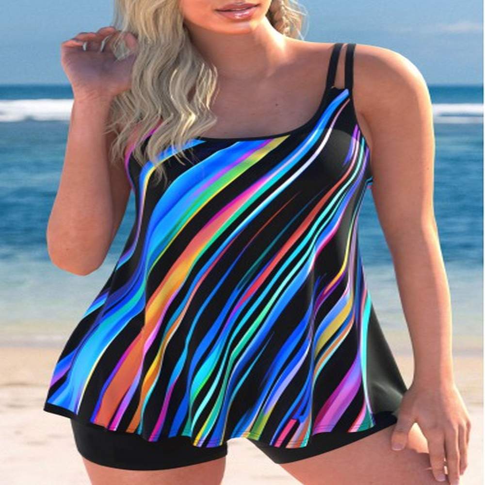 modlily lightweight mid waisted geometric print multi color tankini set