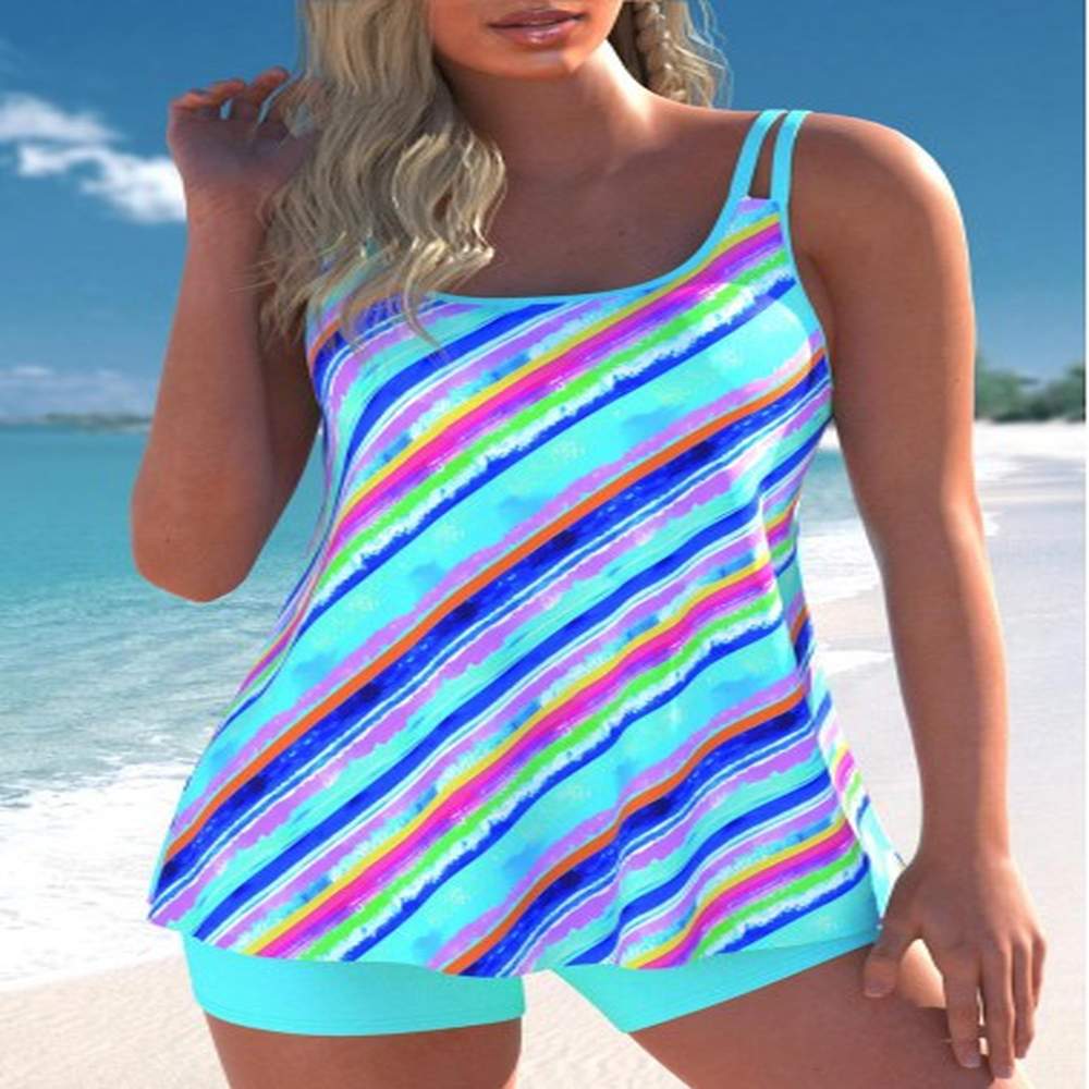 modlily lightweight multi stripe print cyan tankini set m