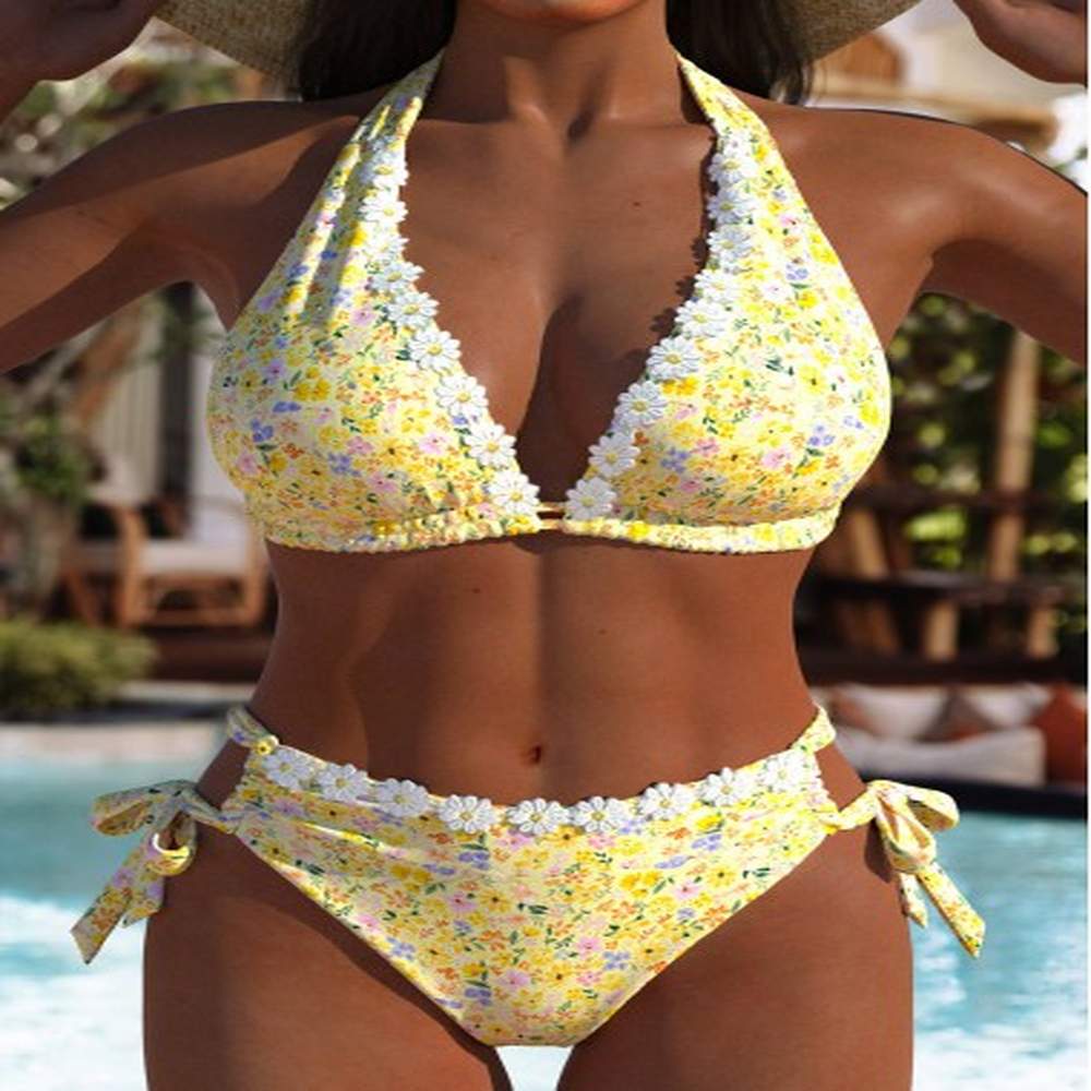 modlily low waisted floral print yellow bikini set l