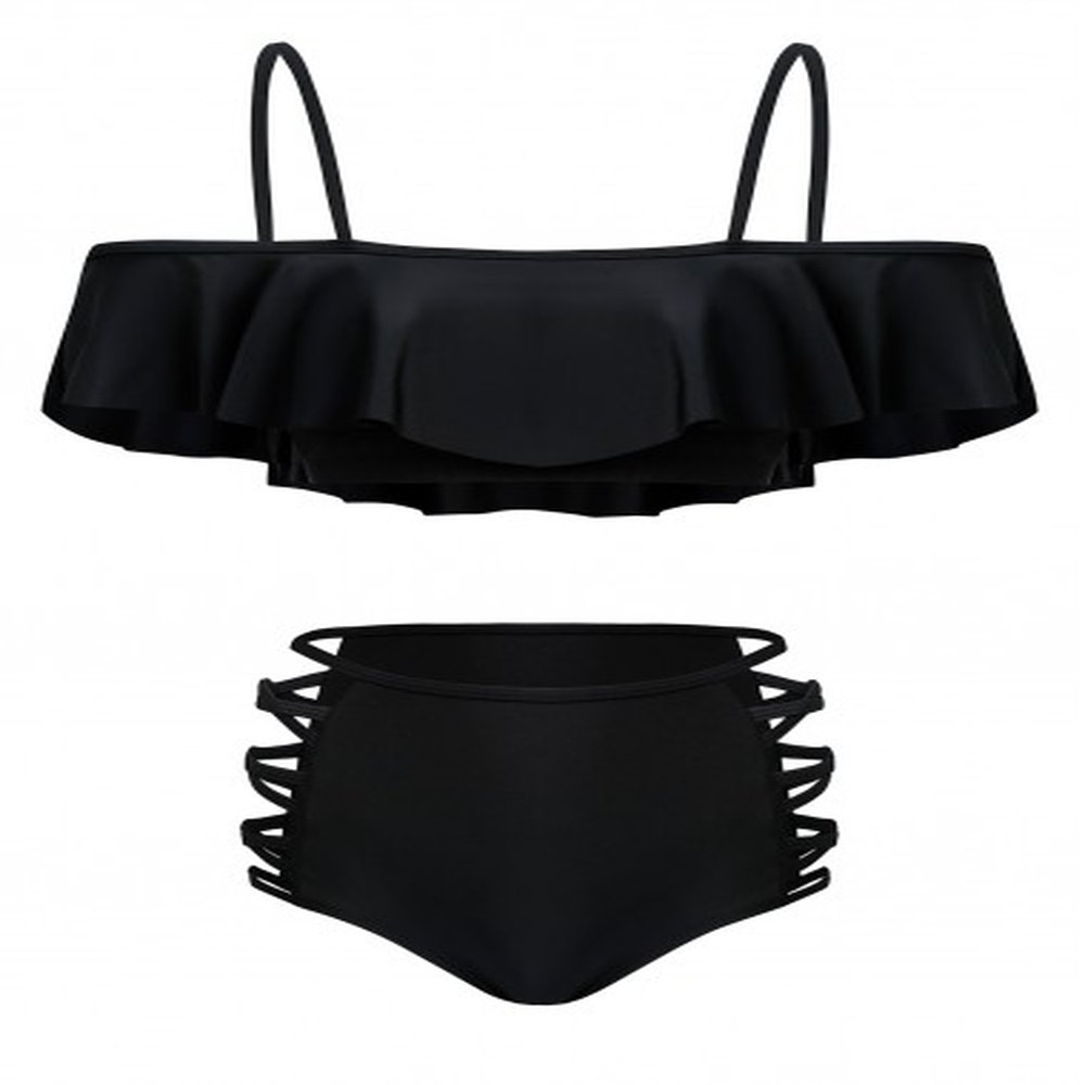 modlily mid waist black flounce lace up bikini set