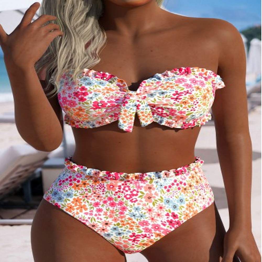 modlily mid waisted ditsy floral print pink bikini set