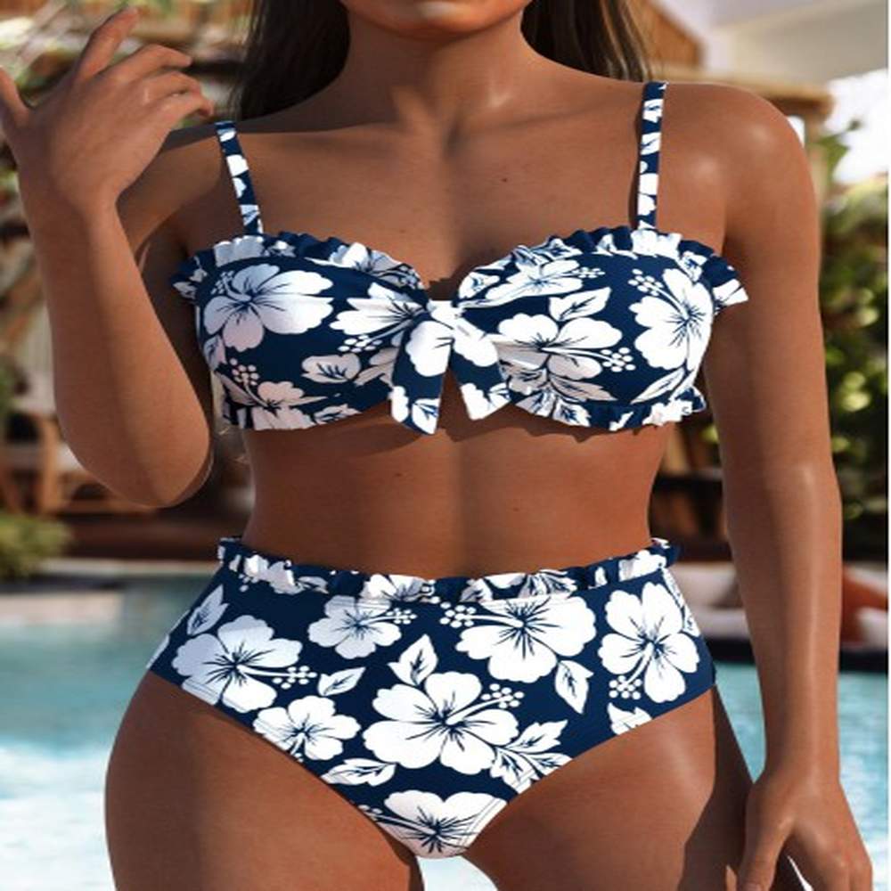 modlily mid waisted floral print blue bikini set m