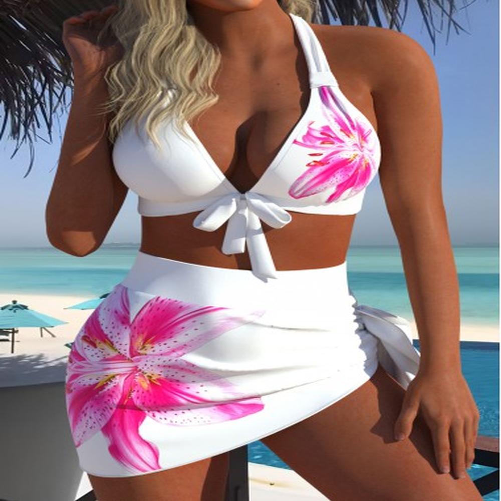 modlily mid waisted floral print white bikini set xs