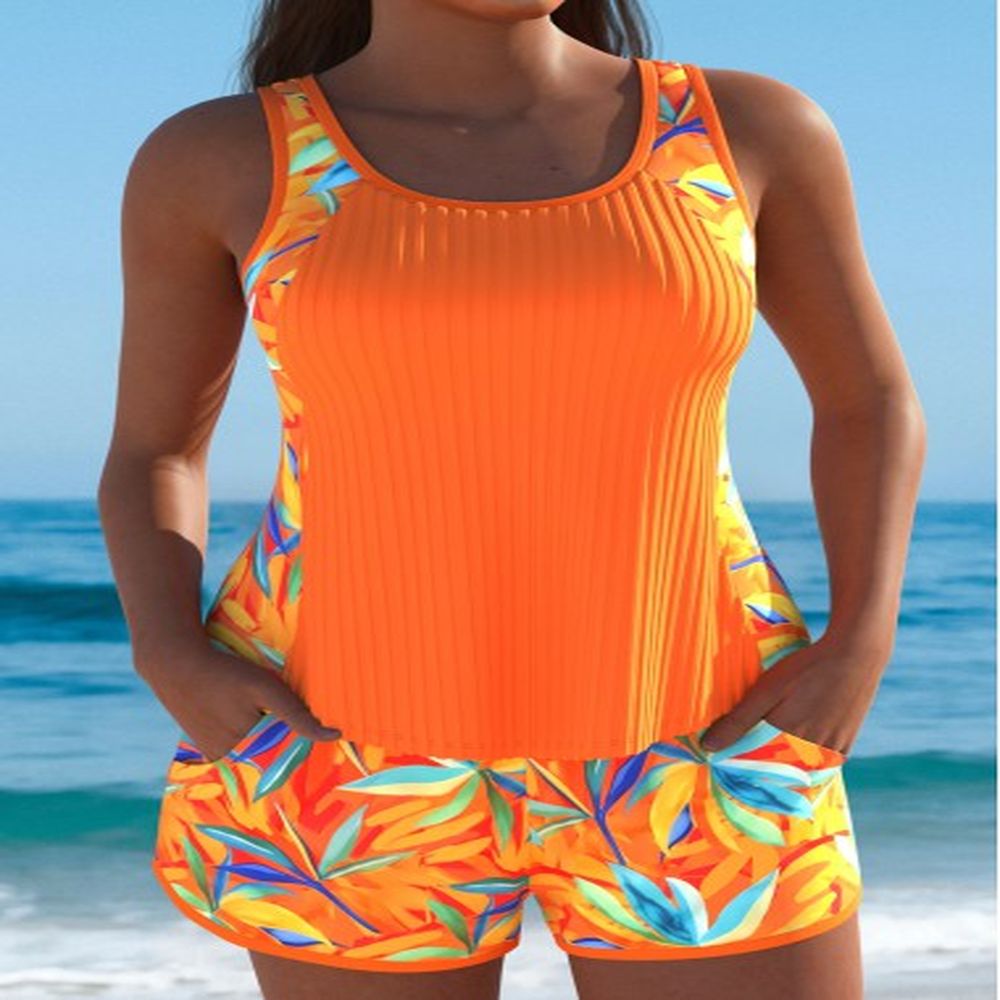 modlily mid waisted leaf print orange tankini set xl