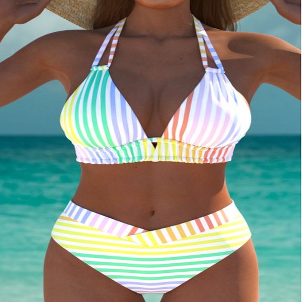 modlily mid waisted multi stripe print bikini set xxl