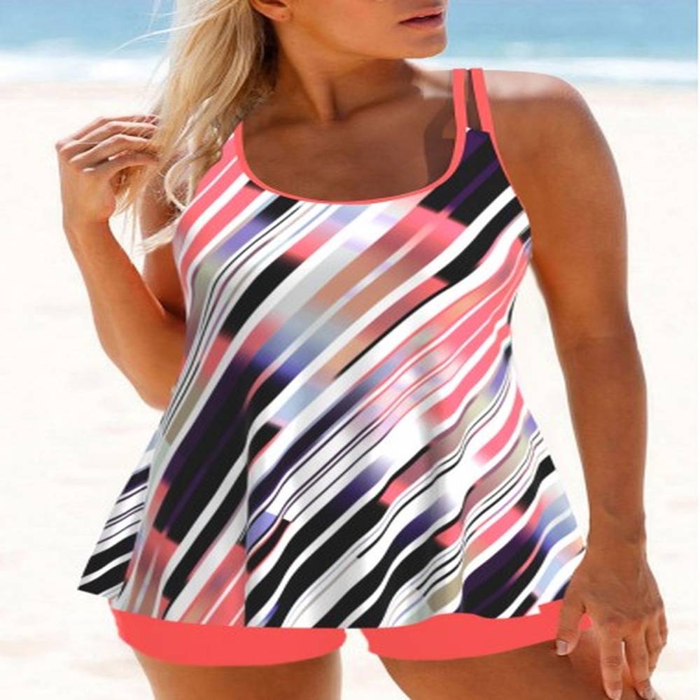 modlily mid waisted multi stripe print coral tankini set