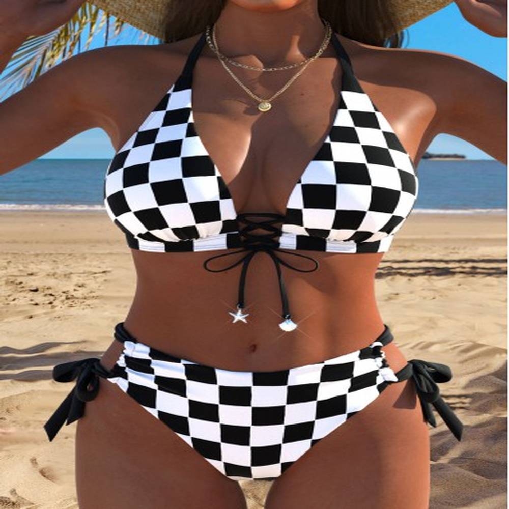 modlily mid waisted plaid black bikini set l
