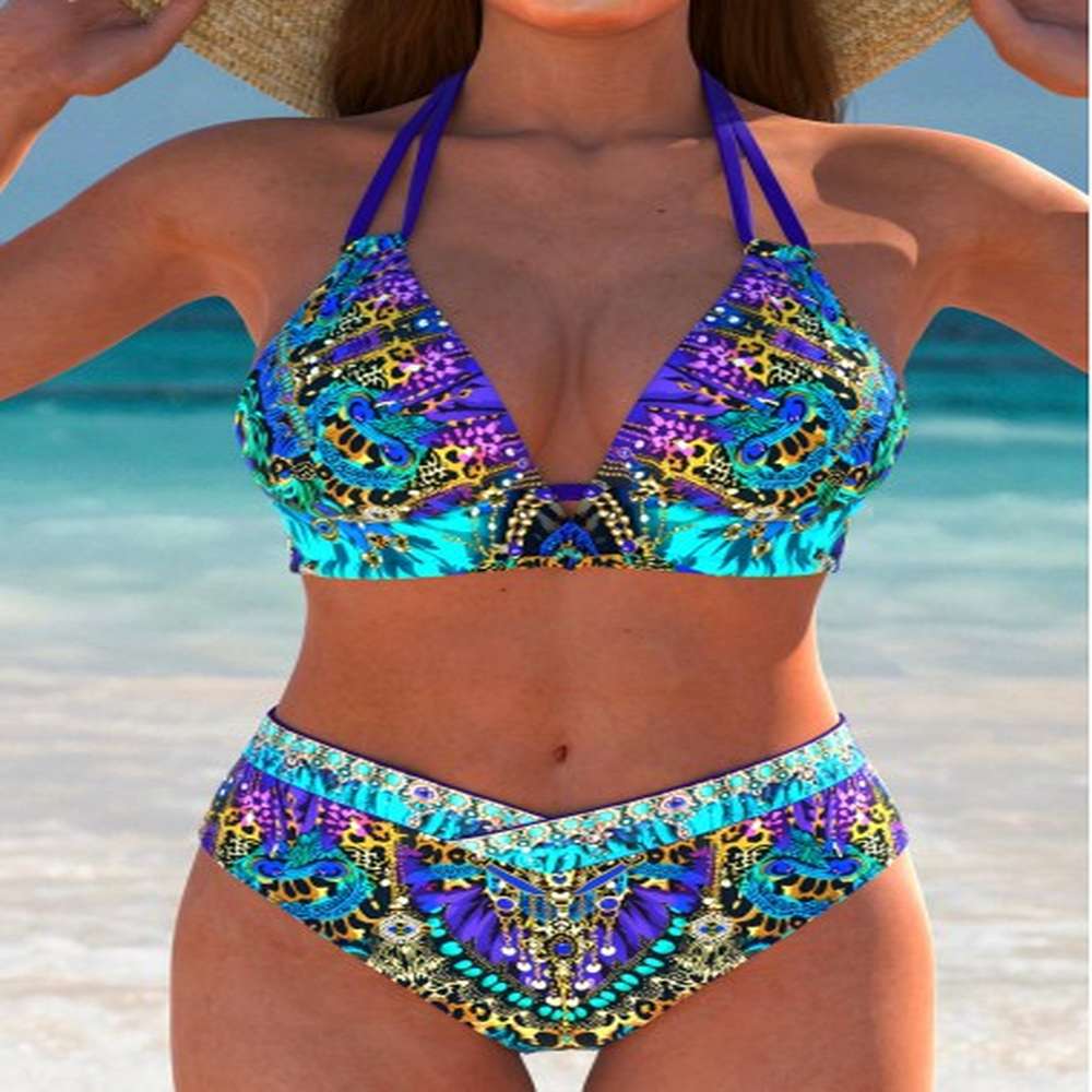 modlily mid waisted tribal print purple bikini set xs