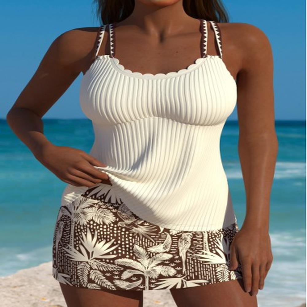 modlily mid waisted tropical plants print beige tankini set