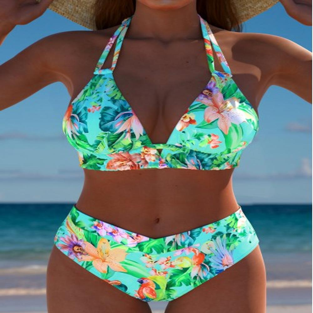 modlily mid waisted tropical plants print mint green bikini set