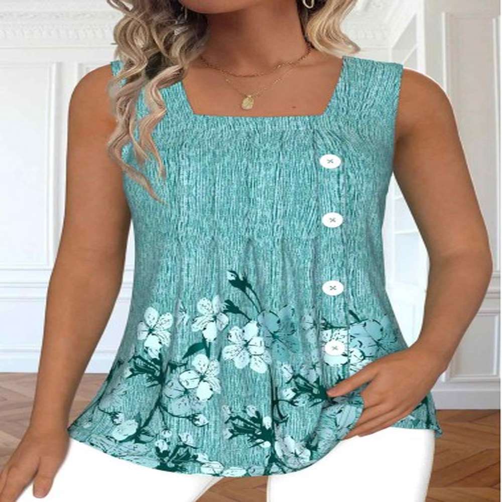 modlily mint green button floral print sleeveless tank top