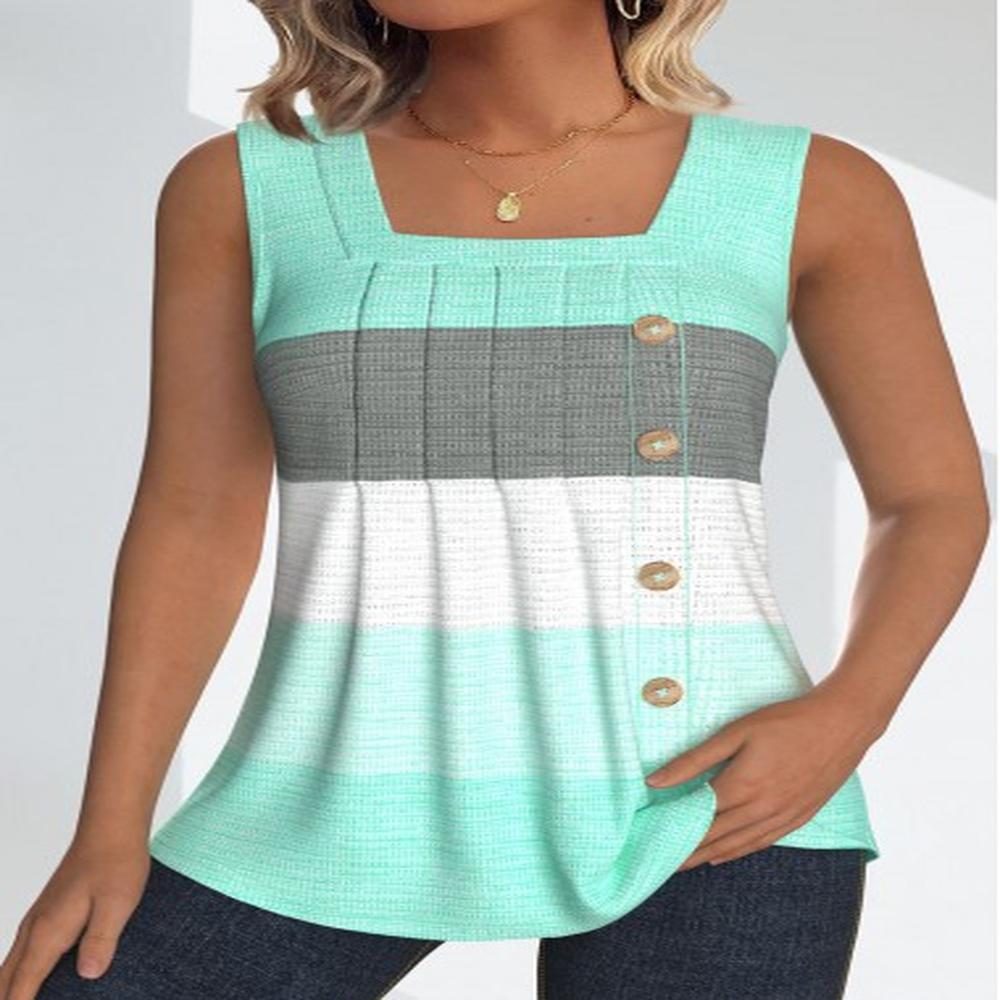 modlily mint green button striped sleeveless square neck tank top