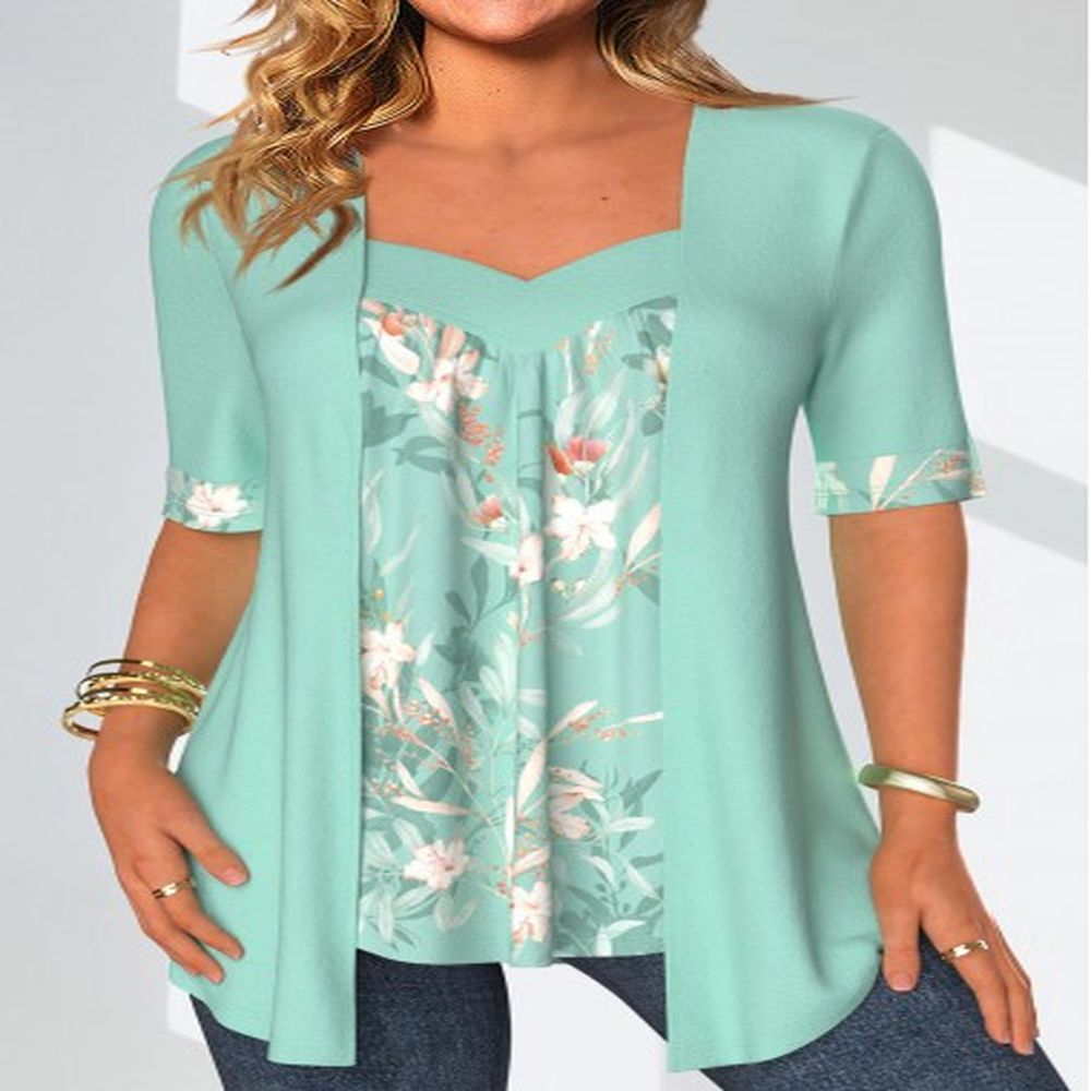 modlily mint green patchwork floral print fake two piece twinset