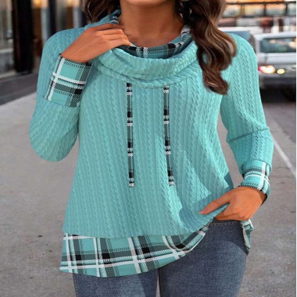 modlily mint green patchwork plaid long sleeve cowl neck sweatshirt