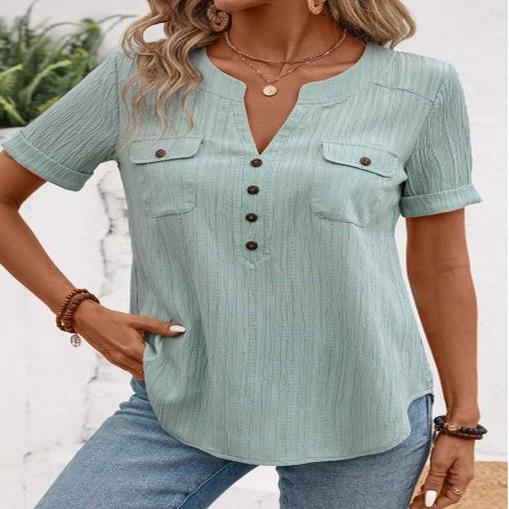 modlily mint green patchwork short sleeve split neck blouse