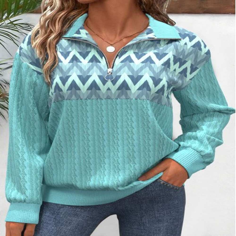 modlily mint green zipper geometric print long sleeve sweatshirt