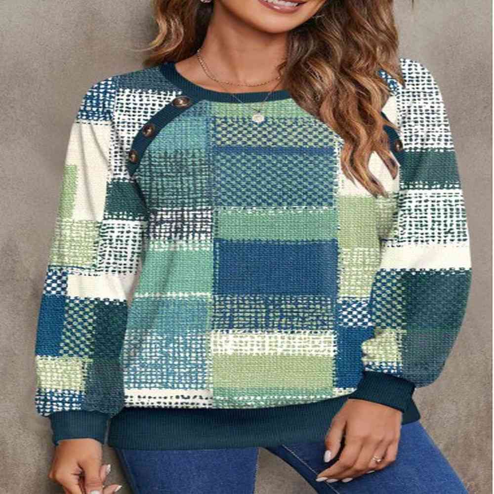 modlily multi color button geometric print long sleeve sweatshirt