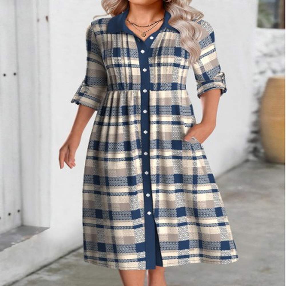 modlily multi color button plaid long sleeve shirt collar dress