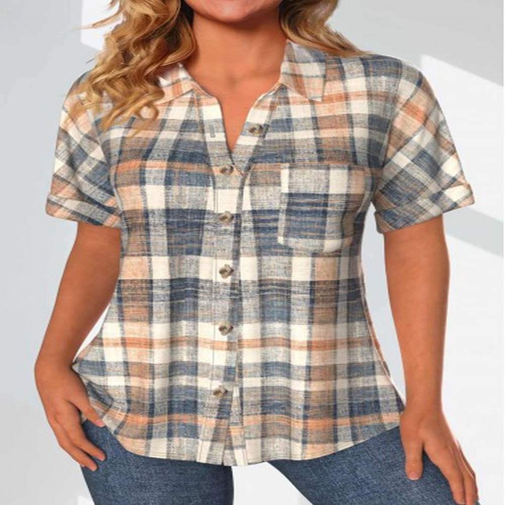 modlily multi color button plaid short sleeve blouse m