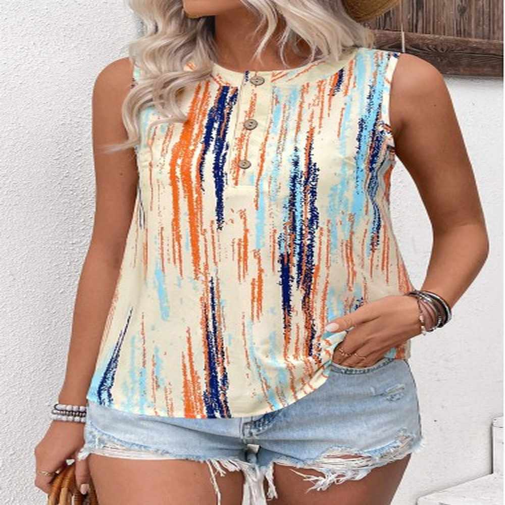 modlily multi color button striped sleeveless round neck tank top