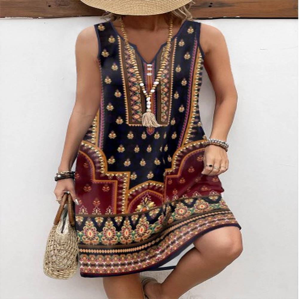 modlily multi color button tribal print a line sleeveless dress
