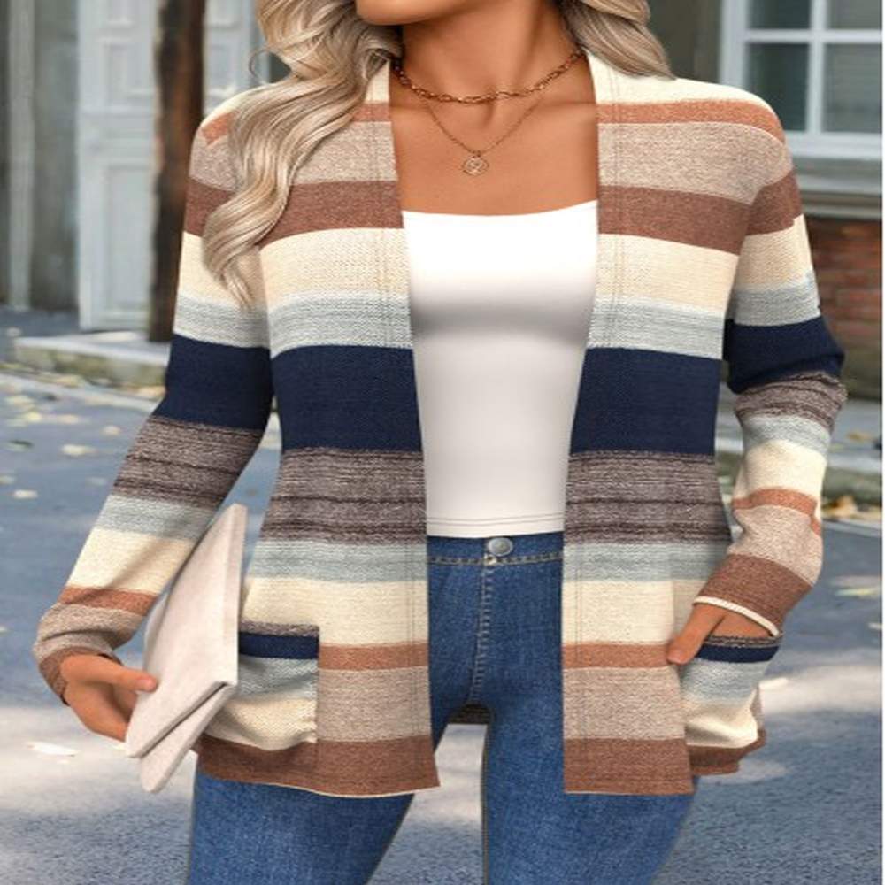 modlily multi color curved hem striped long sleeve knit cardigan