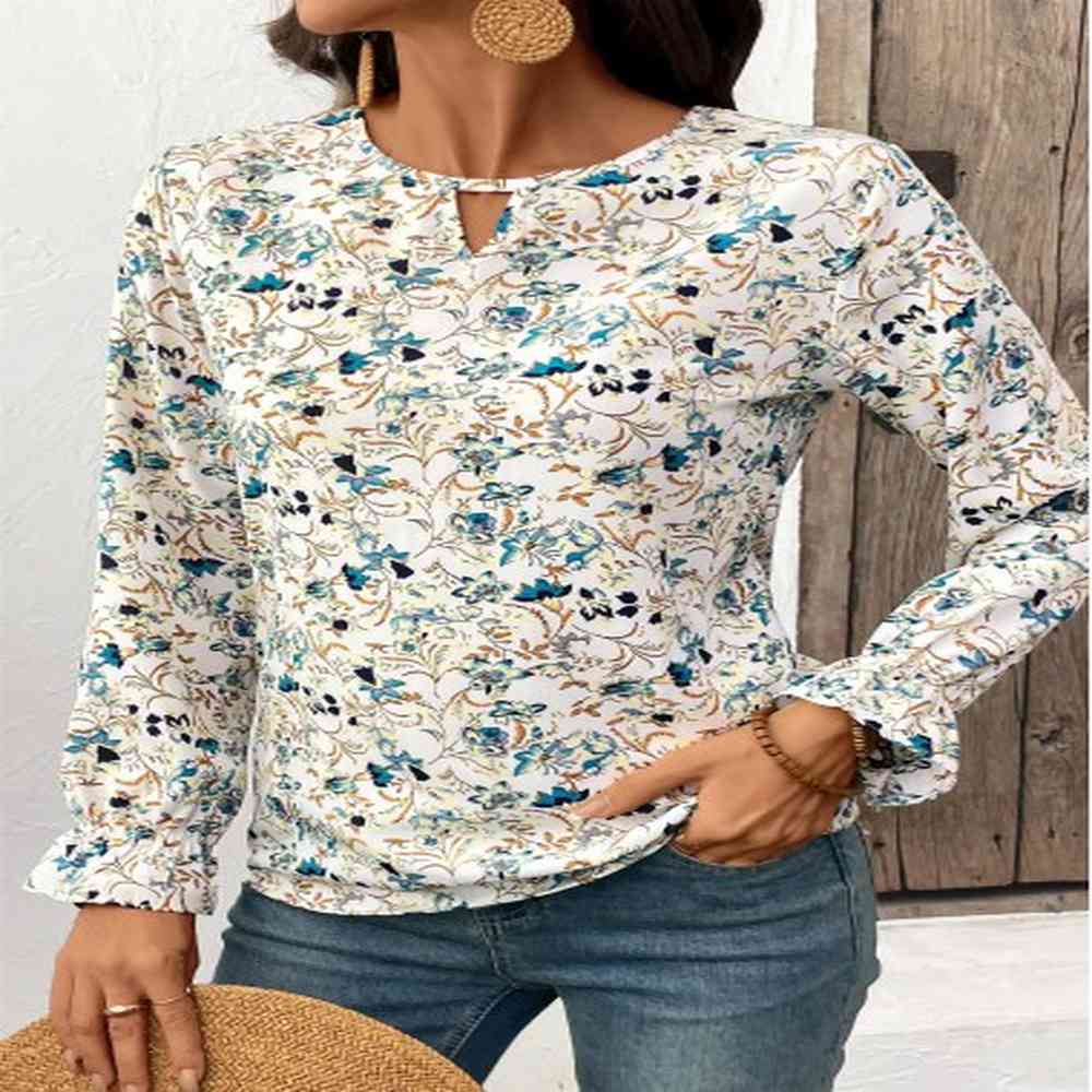 modlily multi color cut out floral print long sleeve blouse