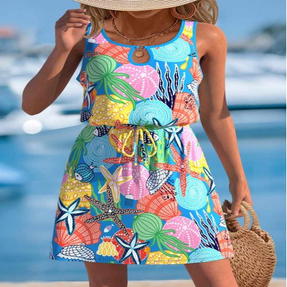 modlily multi color drawstring marine life print short sleeveless dress
