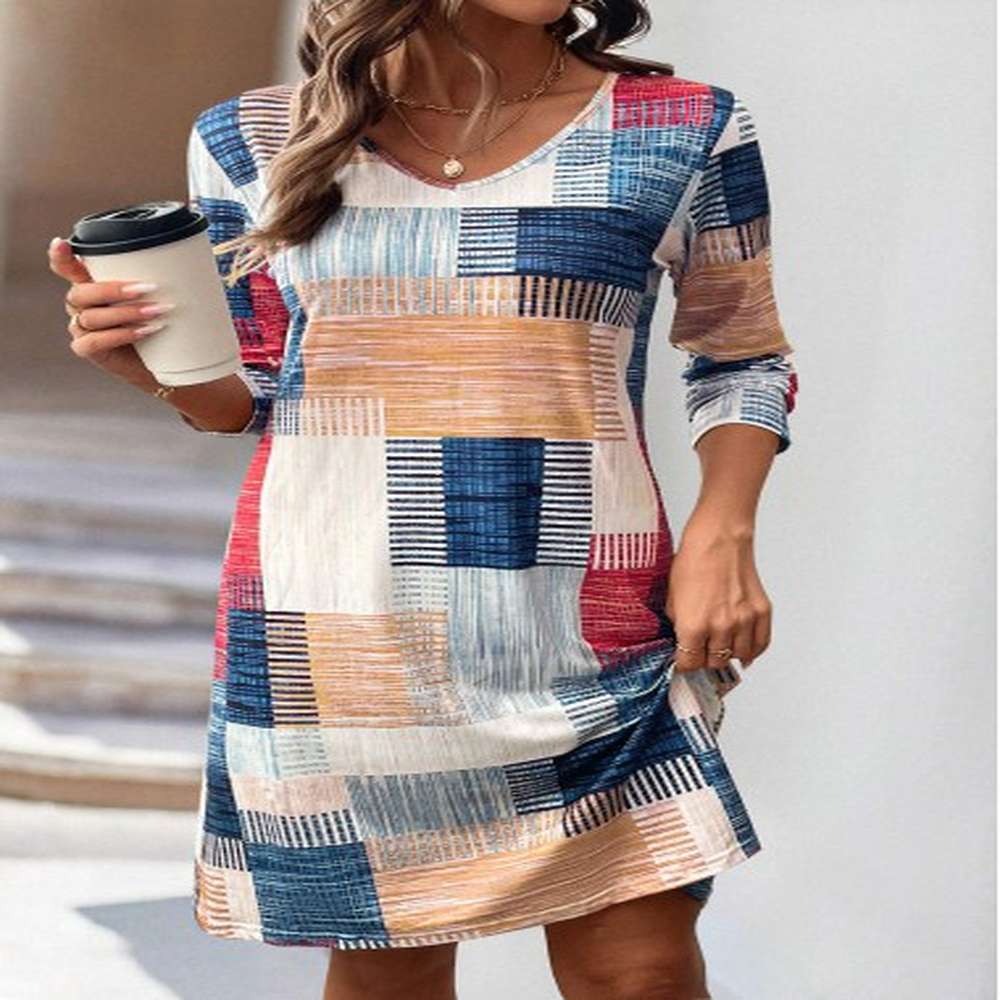 modlily multi color geometric print a line long sleeve dress