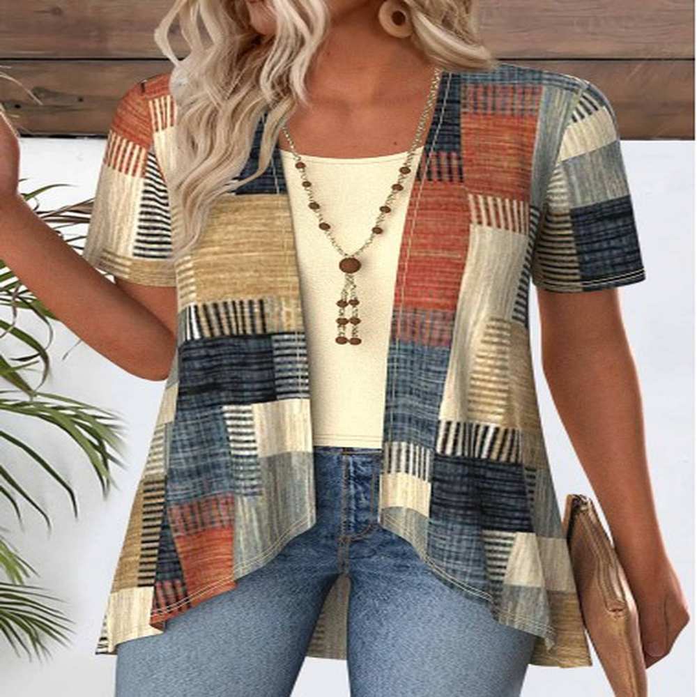 modlily multi color geometric print fake two piece twinset