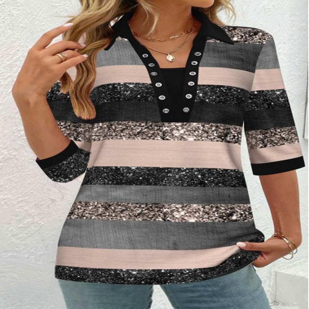 modlily multi color grommet striped half sleeve shirt collar blouse