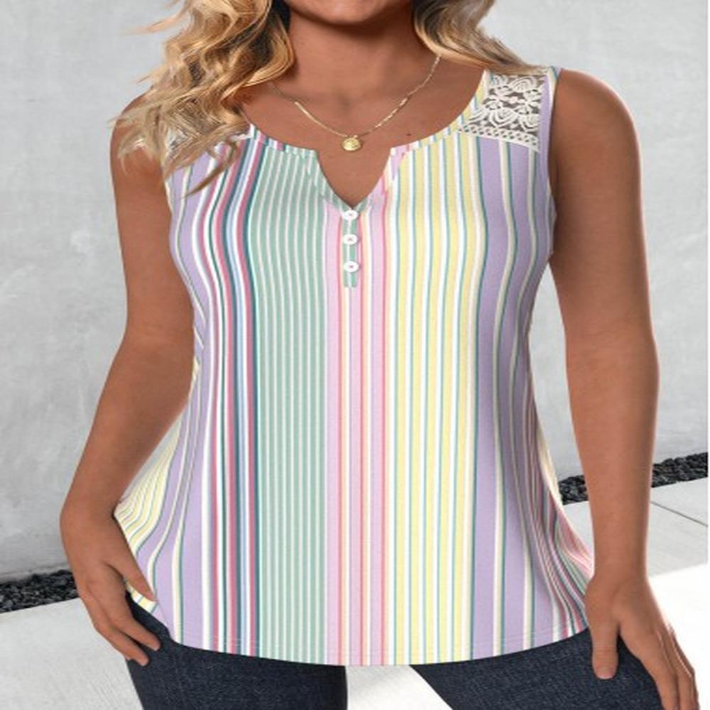 modlily multi color lace striped sleeveless split neck tank top