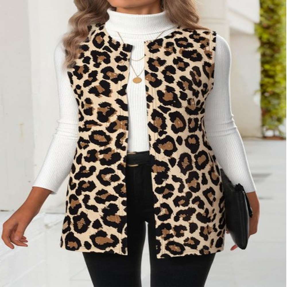modlily multi color leopard sleeveless round neck waistcoat xl