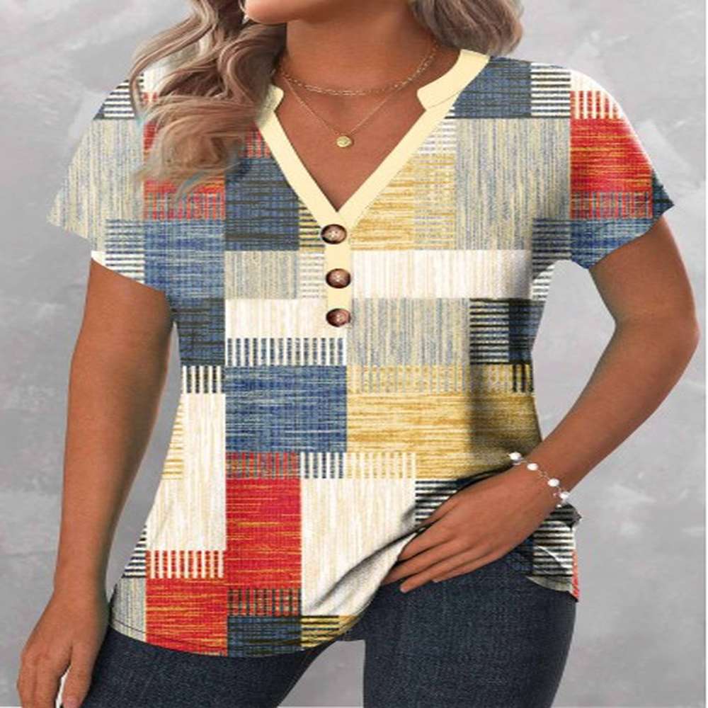 modlily multi color patchwork geometric print short sleeve blouse