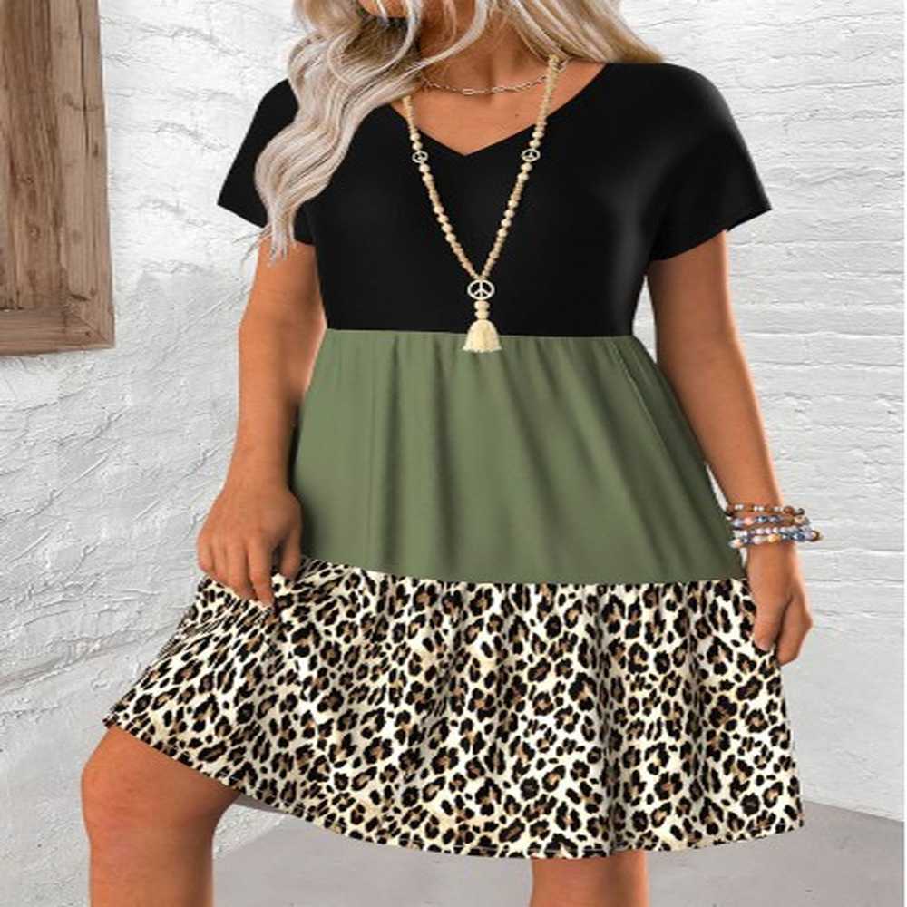 modlily multi color patchwork leopard a line short sleeve dress