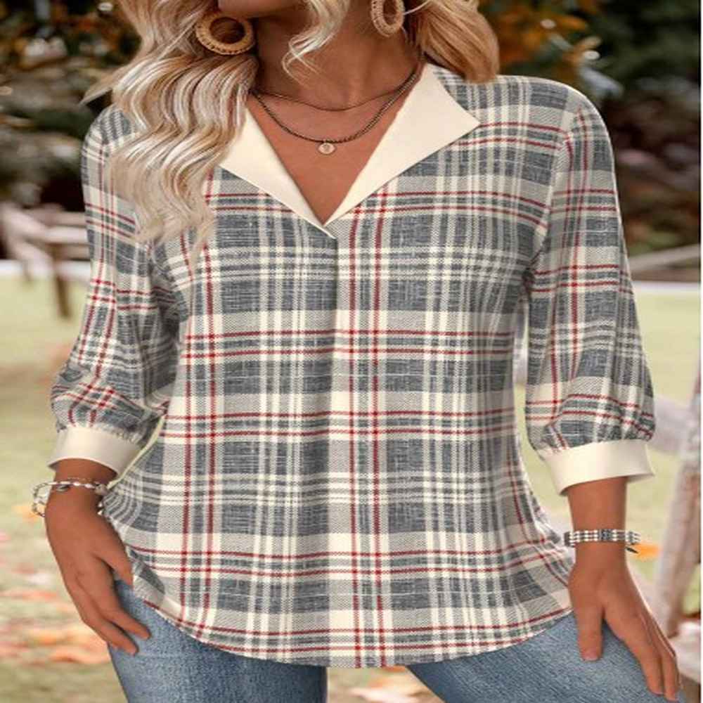 modlily multi color plaid sleeve v neck shirt