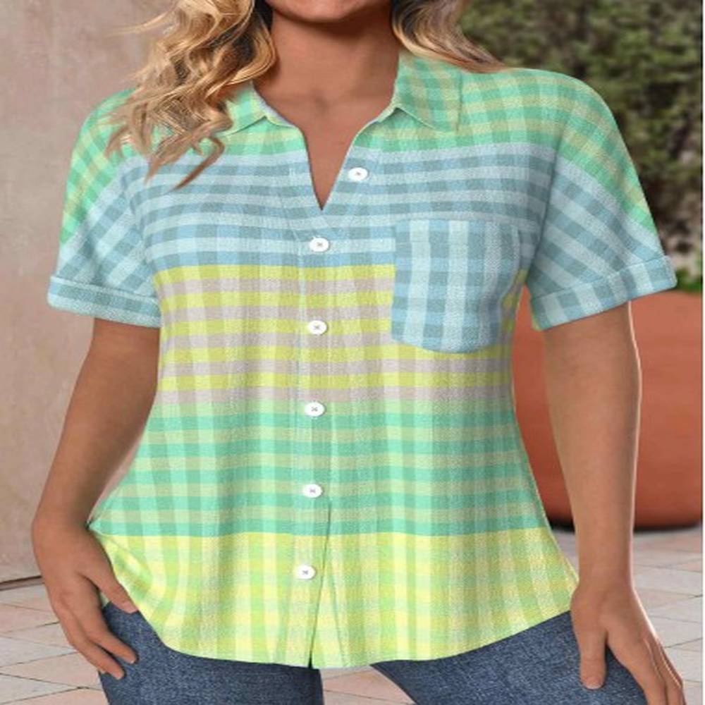modlily multi color pocket plaid short sleeve shirt collar blouse