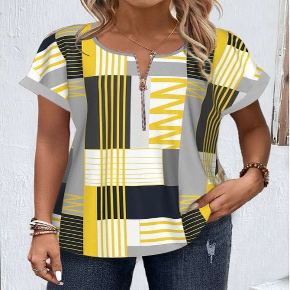 modlily multi color zipper geometric print short sleeve blouse