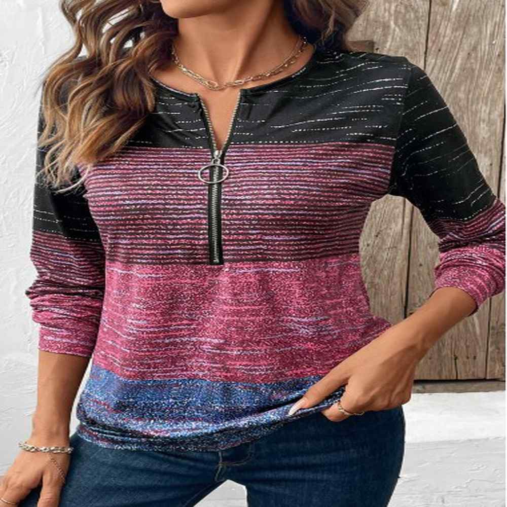 modlily multi color zipper long sleeve round neck sweatshirt