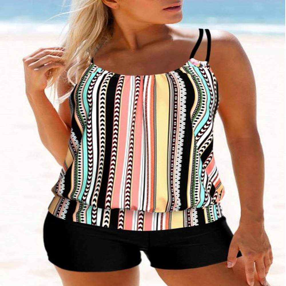 modlily multi stripe print double straps tankini set xxl