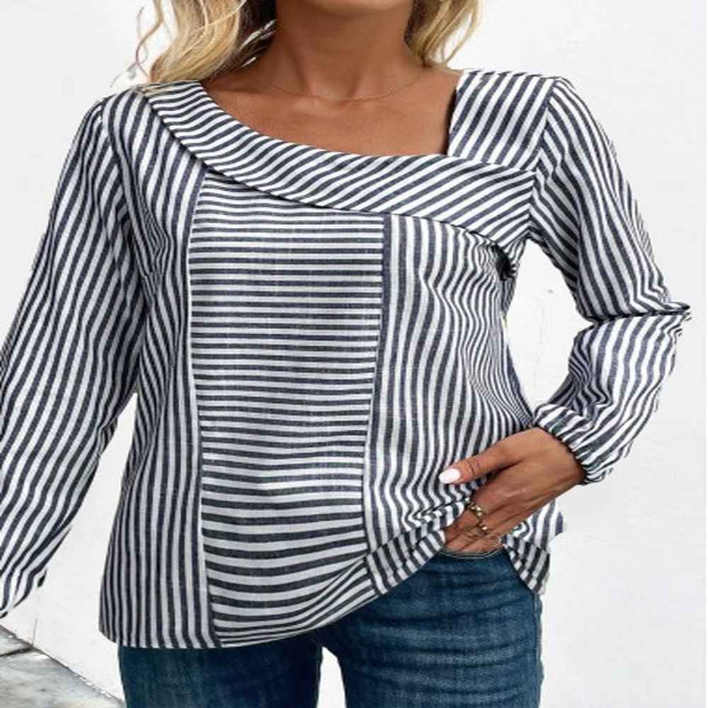 modlily navy asymmetry striped long sleeve asymmetrical neck blouse
