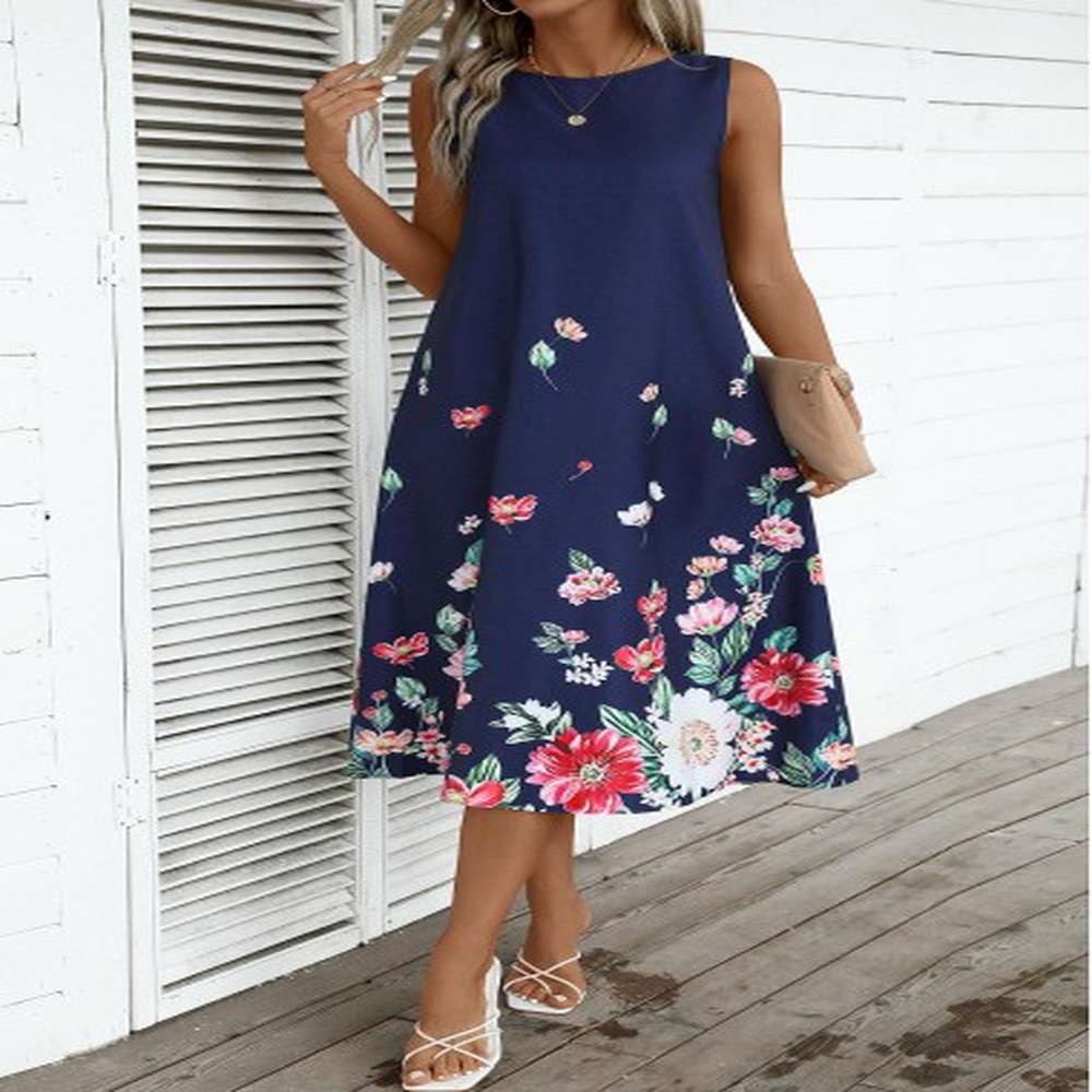 modlily navy breathable floral print a line sleeveless dress
