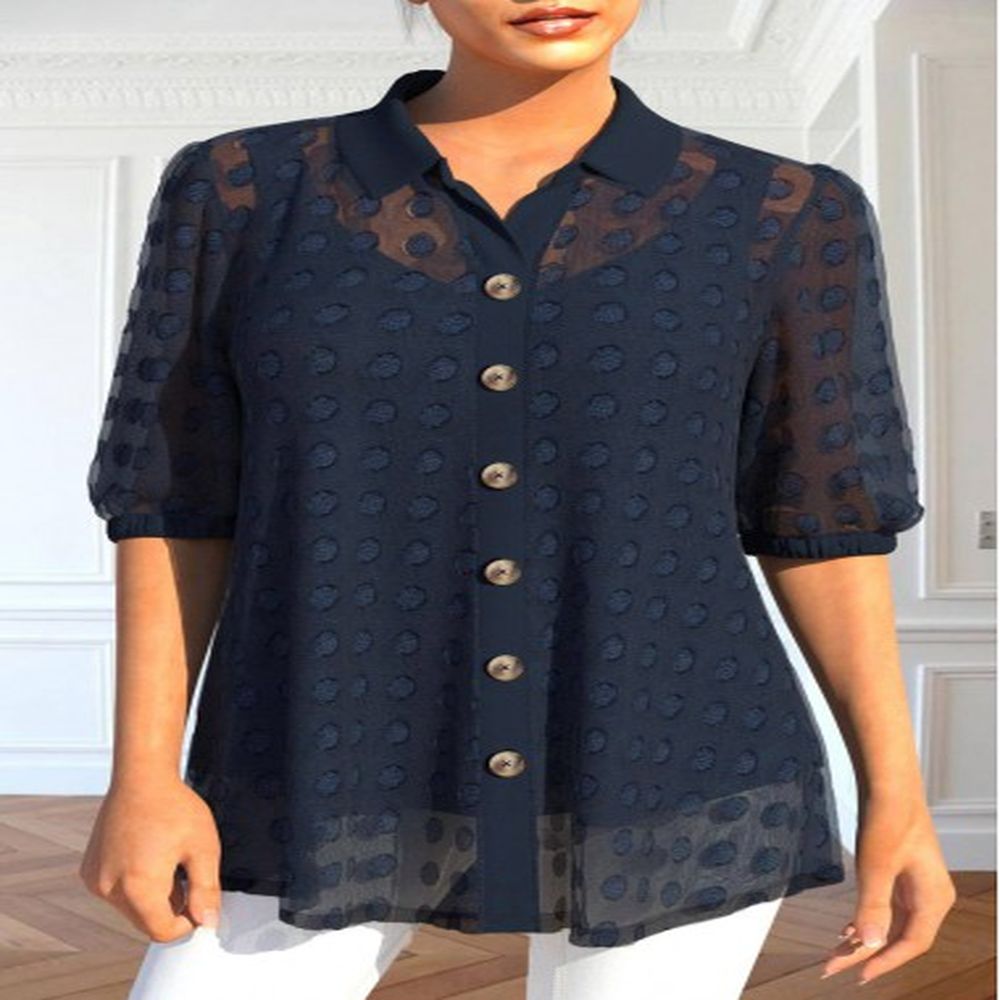 modlily navy button half sleeve shirt collar blouse m