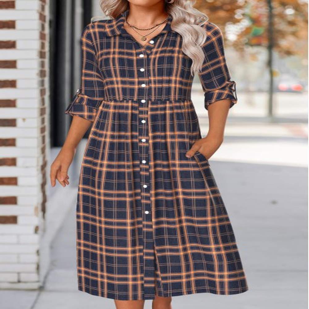 modlily navy button plaid long sleeve shirt collar dress
