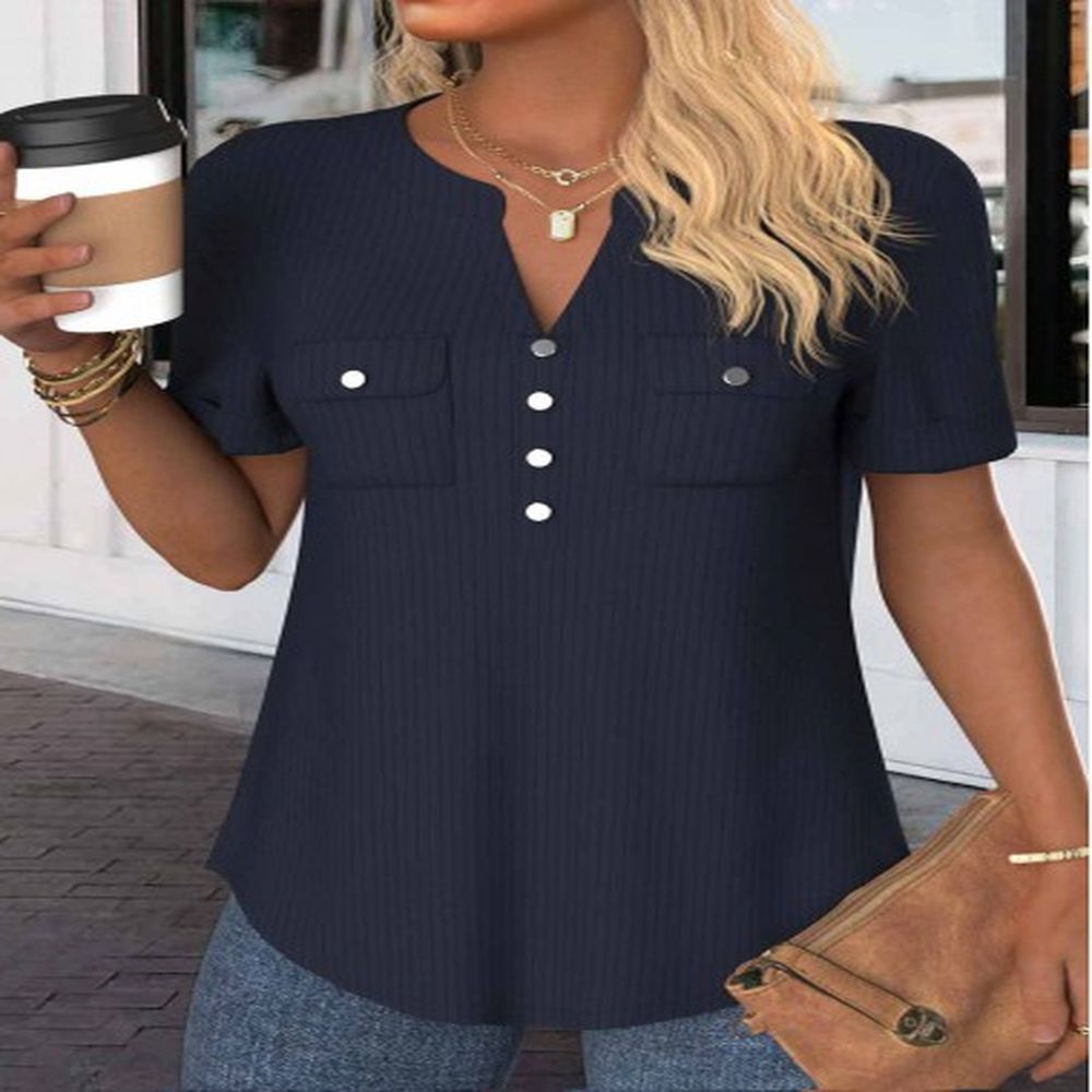 modlily navy button short sleeve split neck blouse s
