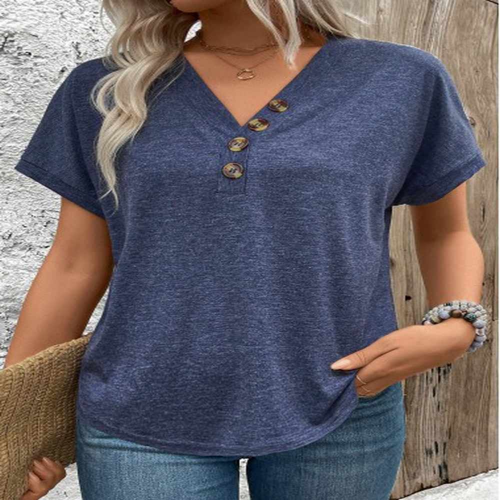 modlily navy button short sleeve v neck blouse xl