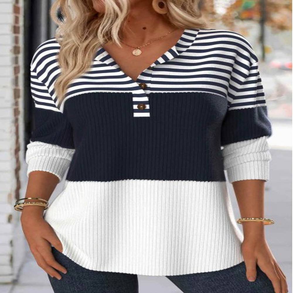 modlily navy button striped long sleeve split neck sweatshirt