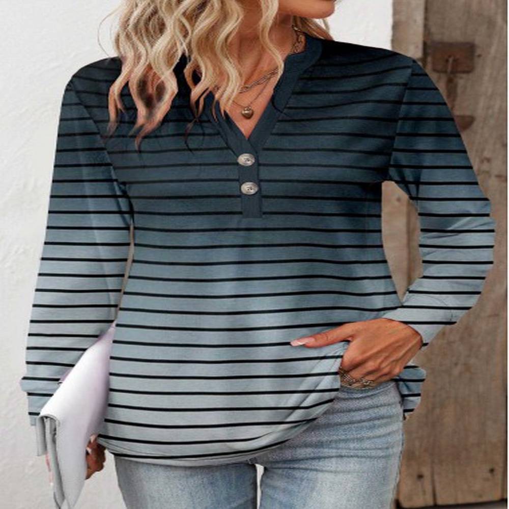 modlily navy button striped long sleeve split neck t shirt