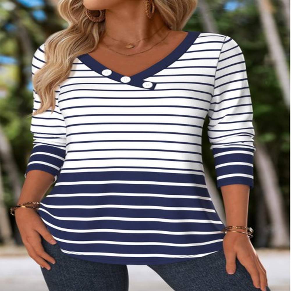 modlily navy button striped long sleeve v neck t shirt