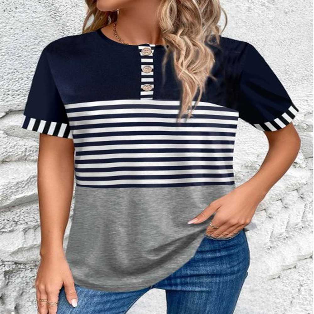 modlily navy button striped short sleeve t shirt xl